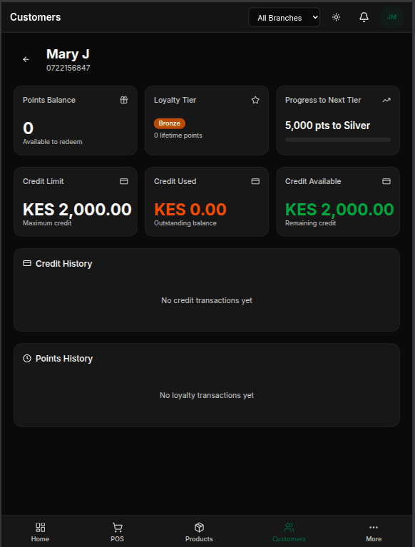 Customer profile showing loyalty tier Bronze, points balance, credit limit KES 2,000, and credit history