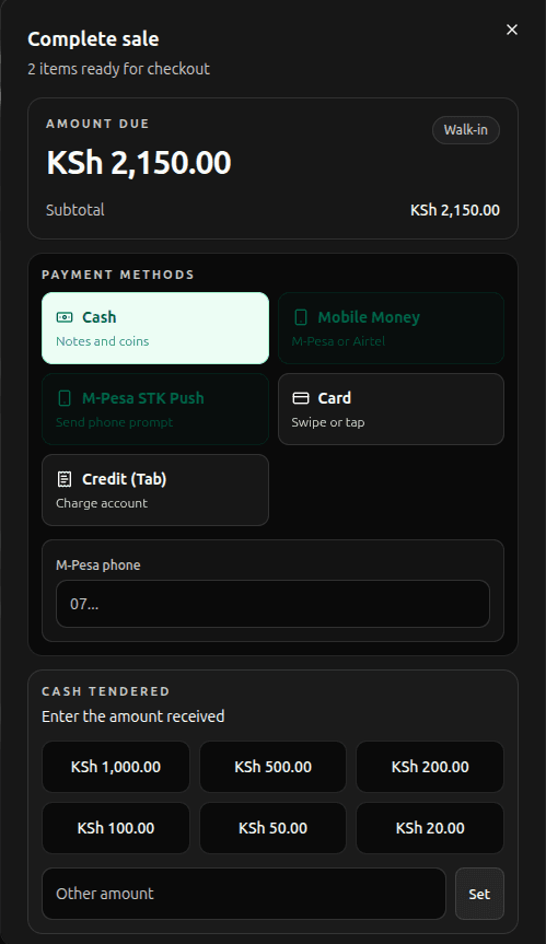 DukaDesk complete sale form showing cash, mobile money, M-Pesa STK Push, card, and credit payment methods with common KES denominations
