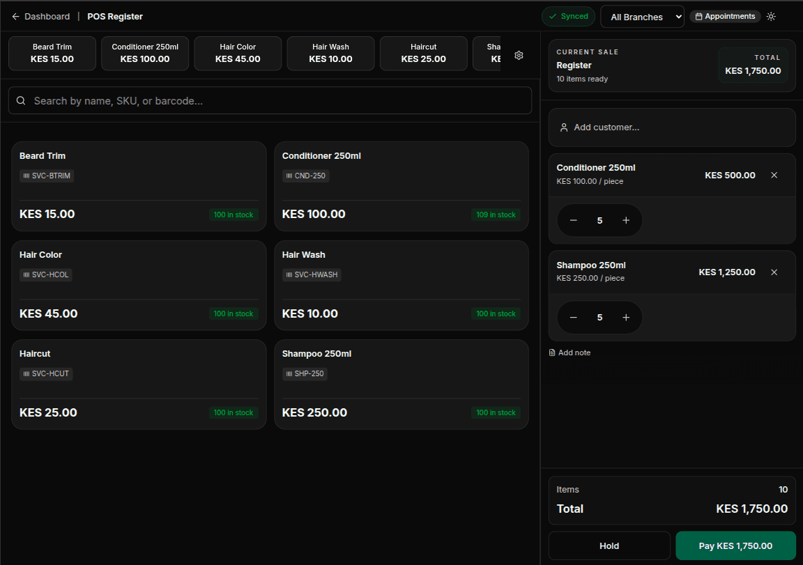 DukaDesk register showing product grid with items like Beard Trim, Conditioner, and Shampoo with KES prices